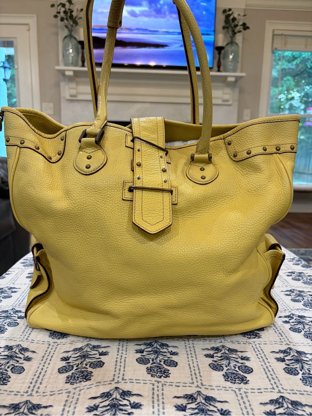 J. Crew Yellow Pebbled Leather Tote with Stud Detail